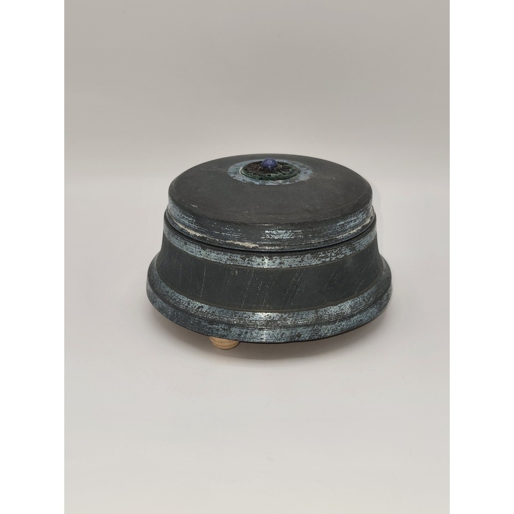 Musical Powder Box Metal Patina Blue Stone Round Footed Vanity Box